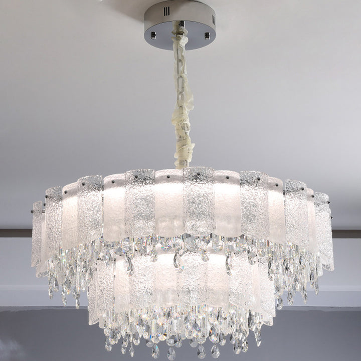 Traditionelle französische runde Ripple-Metallkristallglas-LED-Kronleuchter für Wohnzimmer 