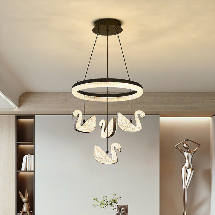 Zeitgenössischer Luxus-Kreis-Ring-Schatten-ABS-Schwan-Dekor-LED-Kronleuchter für Wohnzimmer 