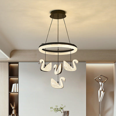 Zeitgenössischer Luxus-Kreis-Ring-Schatten-ABS-Schwan-Dekor-LED-Kronleuchter für Wohnzimmer 