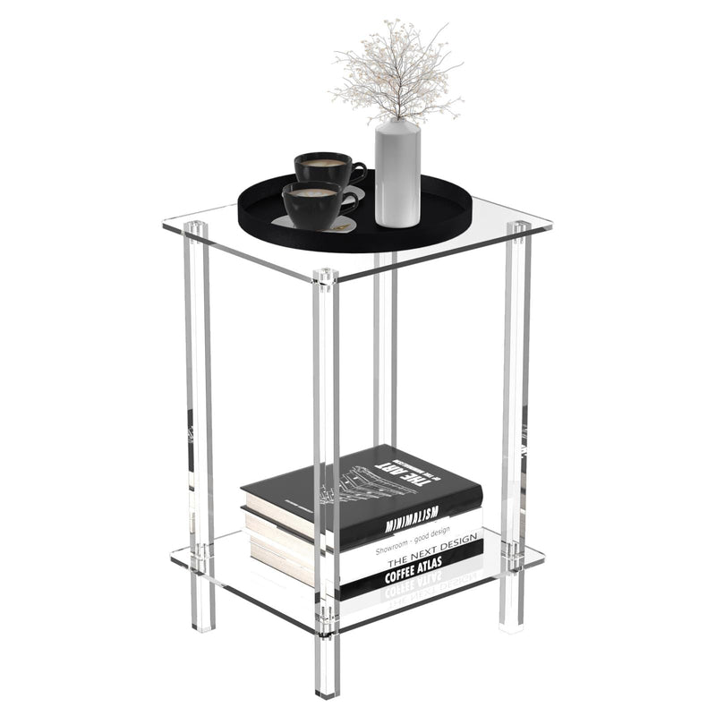 Moderner minimalistischer rechteckiger Acryl-Beistelltisch mit 2 Ebenen für das Wohnzimmer 