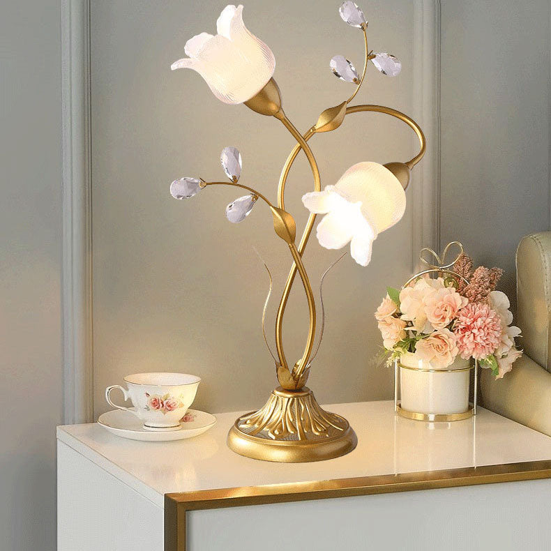 Moderne Art Deco Blumen Eisen Glas 2-Licht Tischlampe für Wohnzimmer 