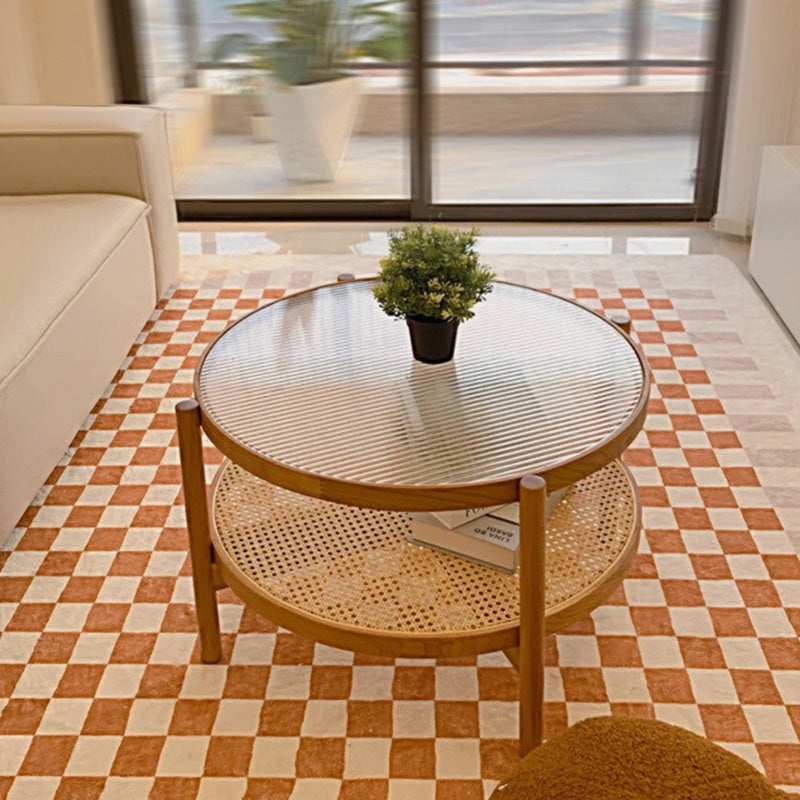 Modern Minimalist Round Horizontal Strip Glass Plastic Rattan Rubberwood Coffee Table 2-Tier For Living Room