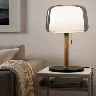 Nordic Minimalist Glass Drum Wood Pole Marble 1-Light Table Lamp