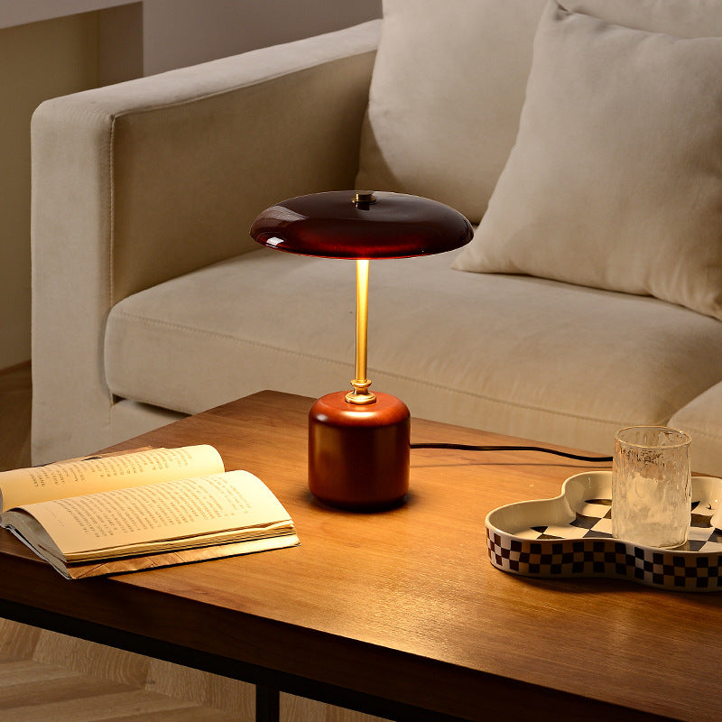 Lámpara de Mesa LED Cilíndrica Redonda de Latón Retro Contemporáneo con Madera y Vidrio para la Mesita de Noche 