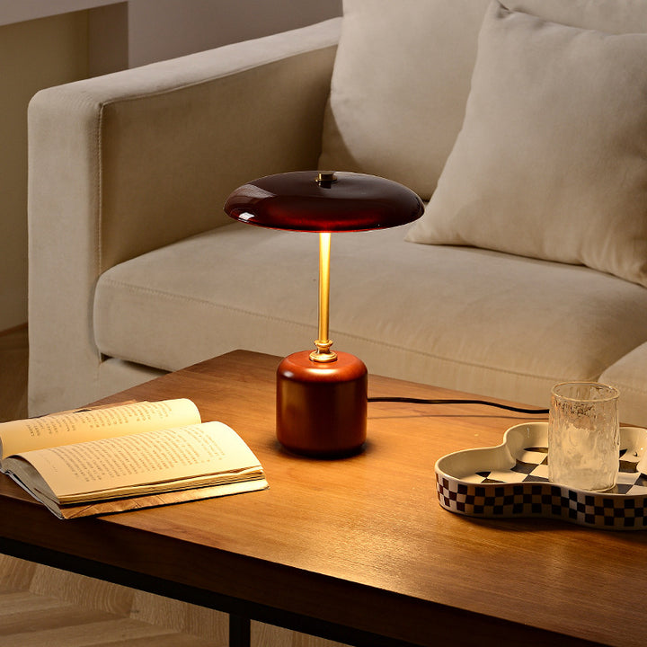 Lámpara de Mesa LED Cilíndrica Redonda de Latón Retro Contemporáneo con Madera y Vidrio para la Mesita de Noche 
