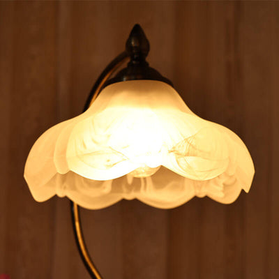 European Vintage Frosted Floral Glass Shade Metal Base 1-Light Table Lamp