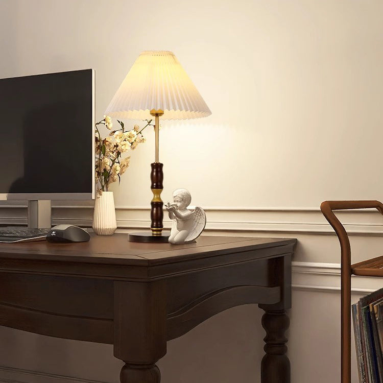 Lampe de table 1 lumière en tissu Ironwood à cône plissé vintage traditionnel pour chambre 