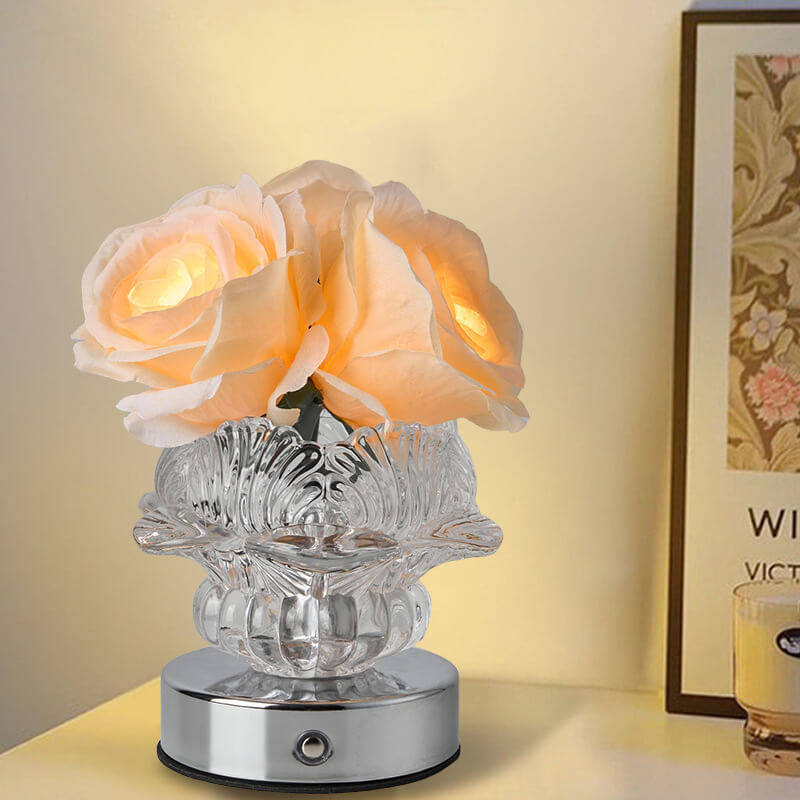 Moderne dekorative Rosenmetall-Glas-LED-Tischlampe 