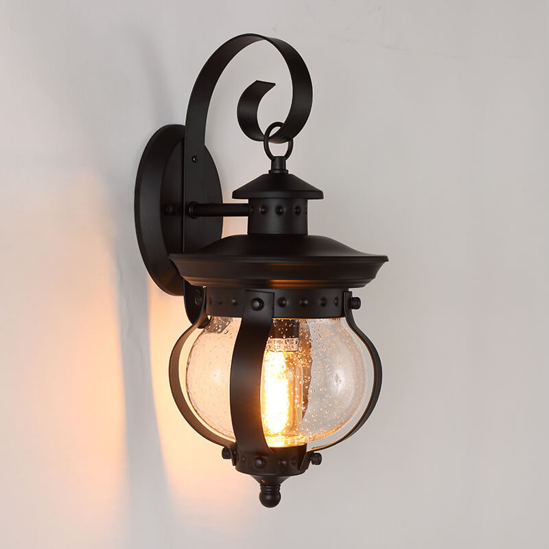 Applique Murale Étanche Extérieure 1 Lumière en Fer Forgé Rétro Européen avec Bocal en Verre 