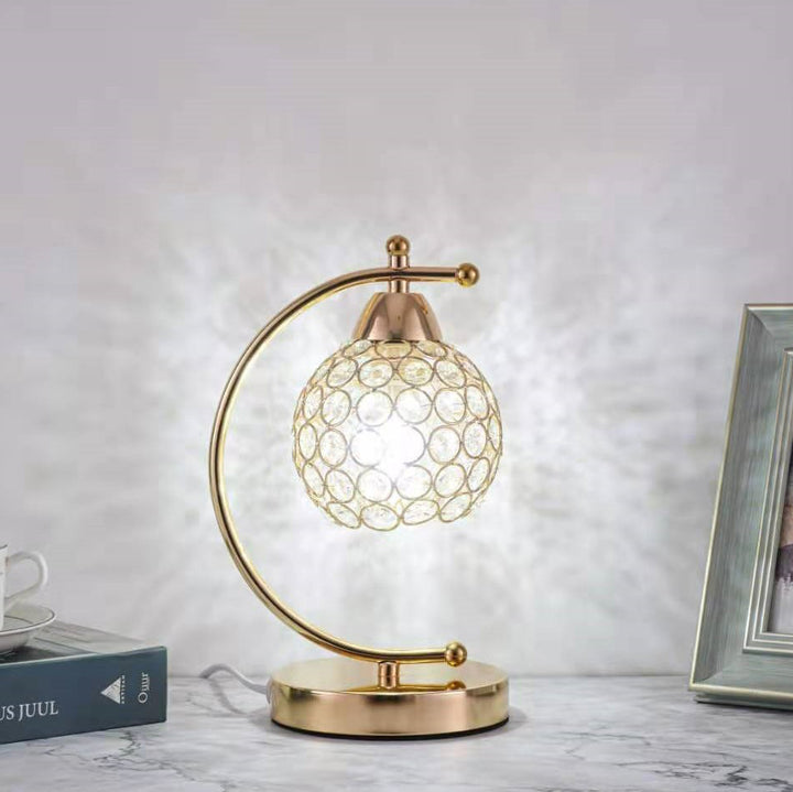 Modern Luxury Crystal Iron Round 1-Light Table Lamp For Bedroom