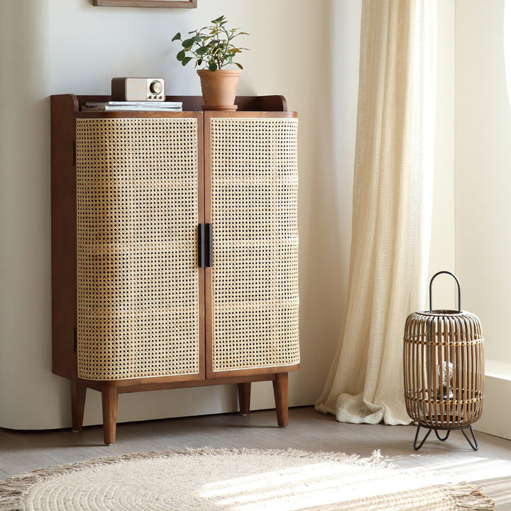 Traditioneller, rechteckiger Schuhschrank aus indonesischem Rattan und Eschenholz im Vintage-Stil, 5-stufig, für Eingangsbereiche 