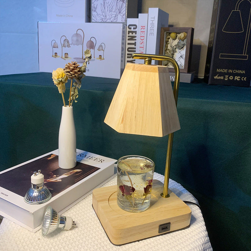 Zeitgenössische kreative sechseckige anhebbare 1-Licht-Schmelzwachs-Tischlampe aus Holz für Schlafzimmer 