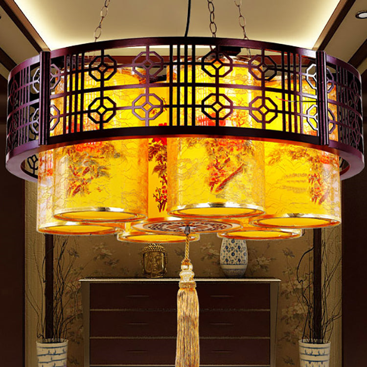 Lustres Traditionnels Chinois en Bois de Fer PVC Cylindre Rond Imprimé 7/9/11 Lumières pour Salle à Manger 