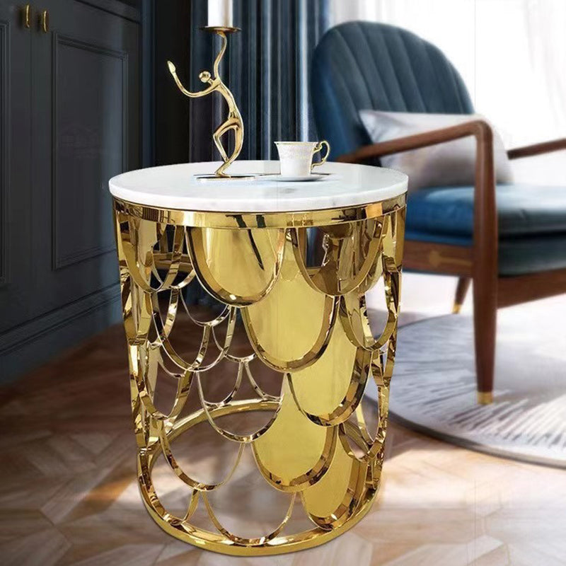 Moderner luxuriöser Couchtisch in runder Zylinderform mit Marmor und Edelstahl für das Wohnzimmer 