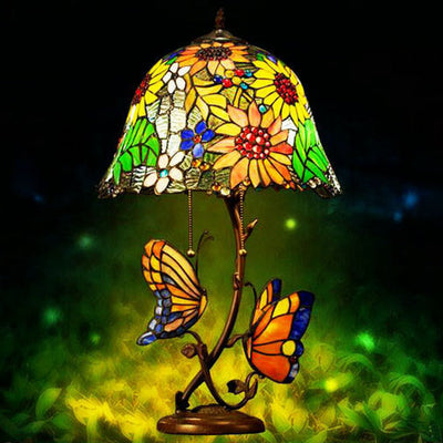 Tiffany Pastoral Double Butterfly Sunflower Stained Glass 2-Light Table Lamp