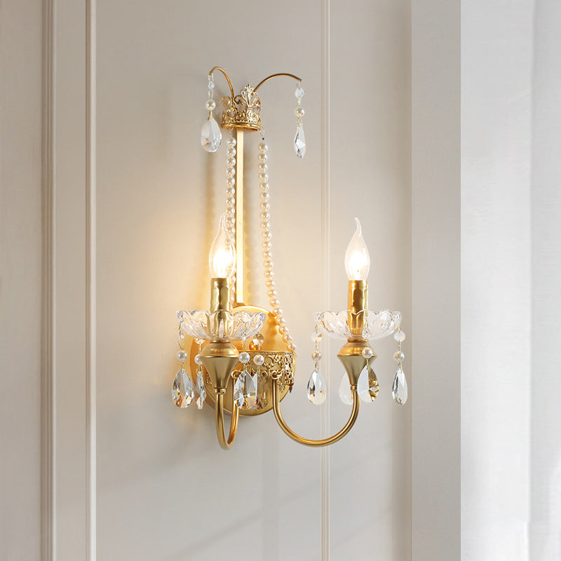 Zeitgenössische Luxus Eisen Kristall Perle Teardrop Anhänger Kerzenhalter 2-Licht Wandleuchte Lampe für Wohnzimmer 