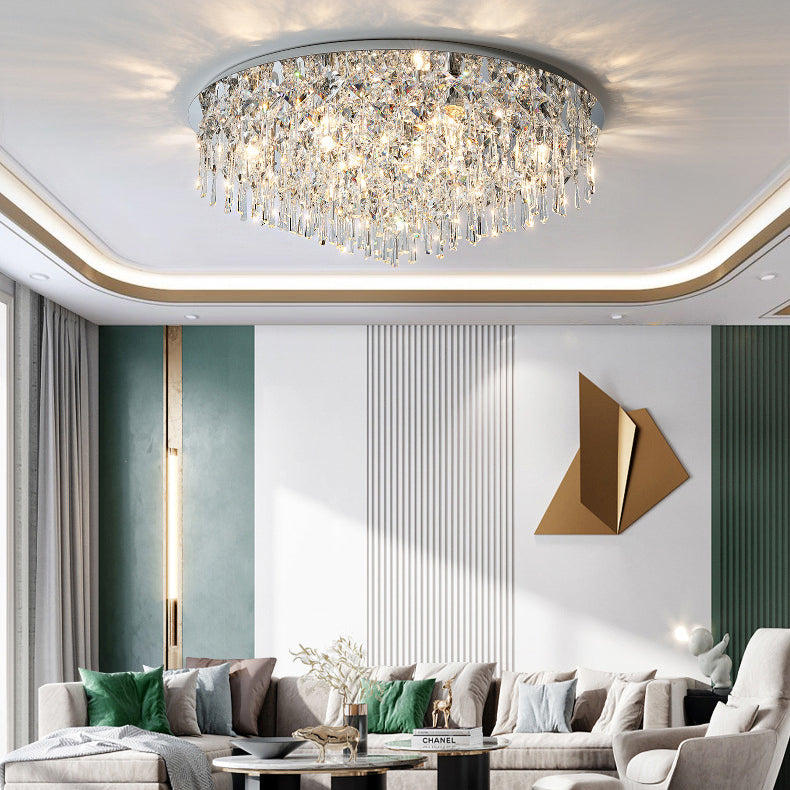 Luxe contemporain Éblouissant chaînes de cristal prismatiques Cadre rond en acier inoxydable Plafonnier encastré à 2/6/8 lumières pour salon 