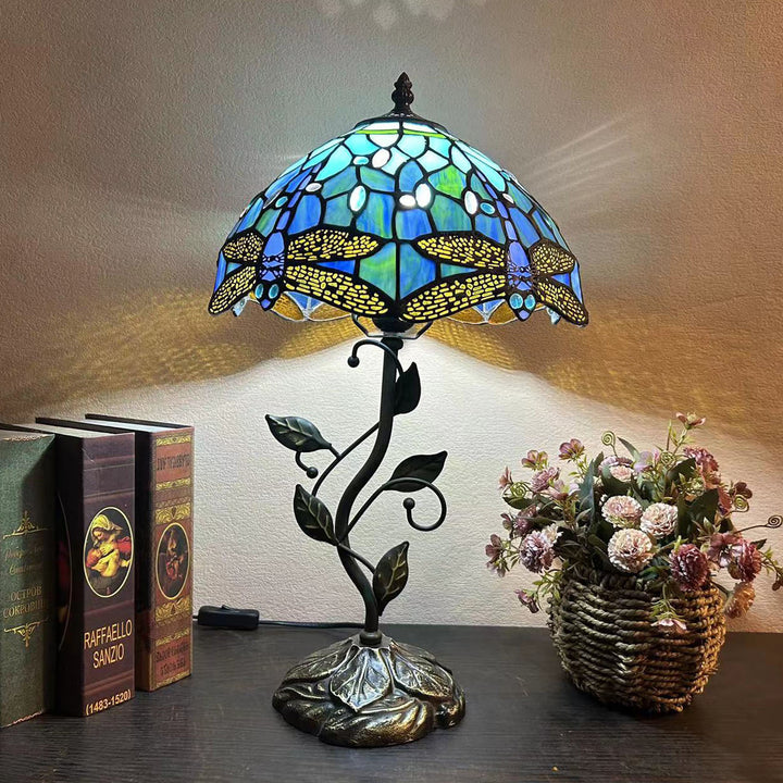Lampe de table traditionnelle Tiffany en résine avec dôme conique et motif de fleurs et feuilles à 1 lumière pour chevet 