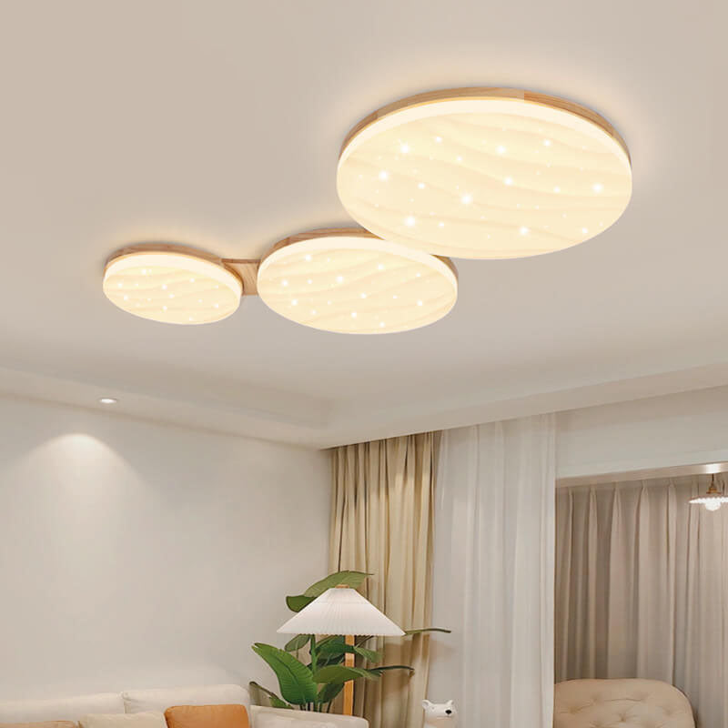 Contemporary Scandinavian Rubberwood Acrylic Log Circle Design LED Flush Mount Ceiling Light For Living Room
