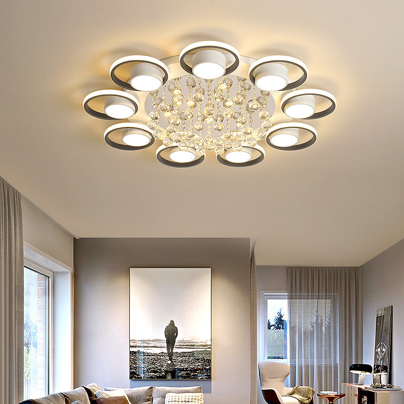 Luminaire de plafond LED moderne en fer avec abat-jour en acrylique en forme de cercle et cristal pour salon 