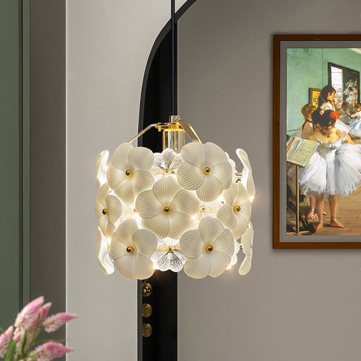 Lámpara colgante de 1 luz para dormitorio, de estilo francés tradicional, con flor y pétalos, cristal redondo, cerámica, vidrio y herrajes 