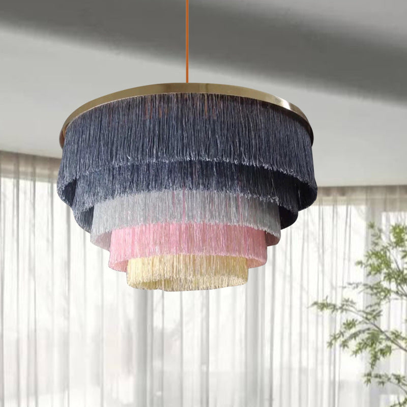 Contemporary Scandinavian Fringe Round Cloth Iron 3-Light Chandelier For Living Room