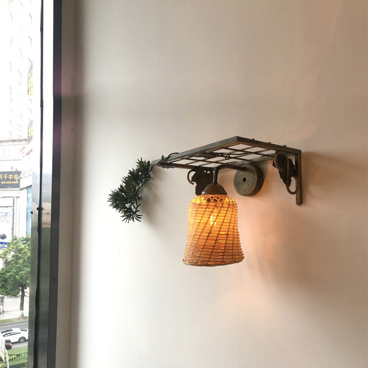 Lámpara Aplique de Pared de 1 Luz con Cilindro de Hierro y Bambú Tejido Cuadrícula Rectangular Rústica Tradicional para Sala de Estar 