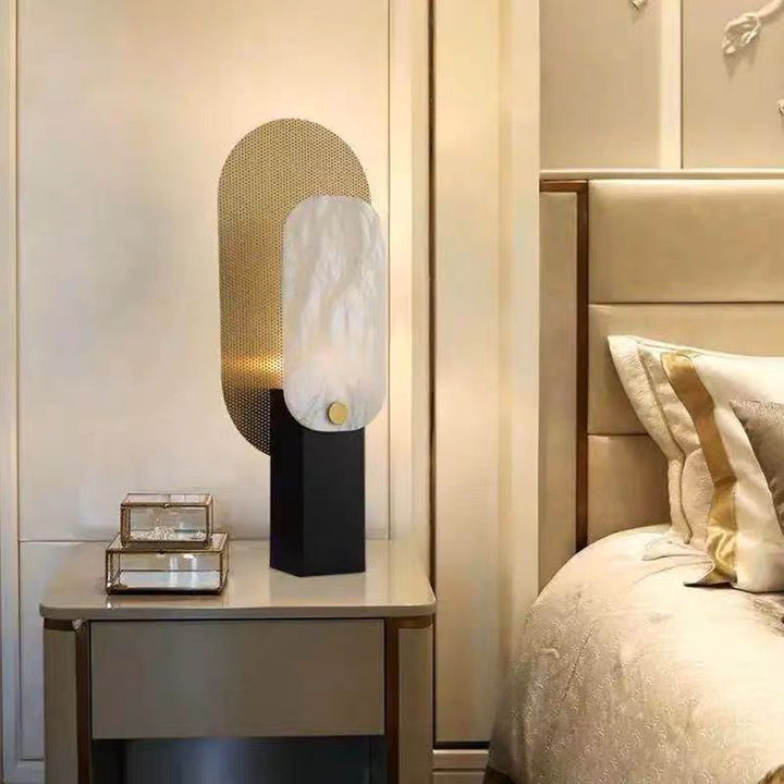 Lampe de table moderne Art déco rectangle arrondi en marbre avec abat-jour en métal à 1 lumière pour chambre à coucher 