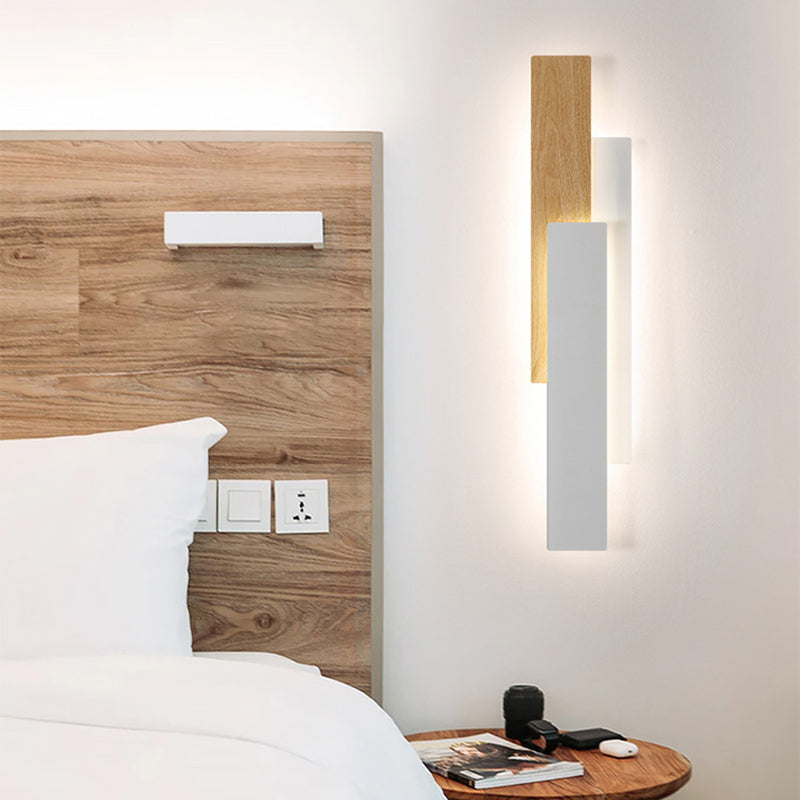 Applique murale LED rectangulaire en fer géométrique avec texture de grain de bois imitation simplicité contemporaine pour salon 