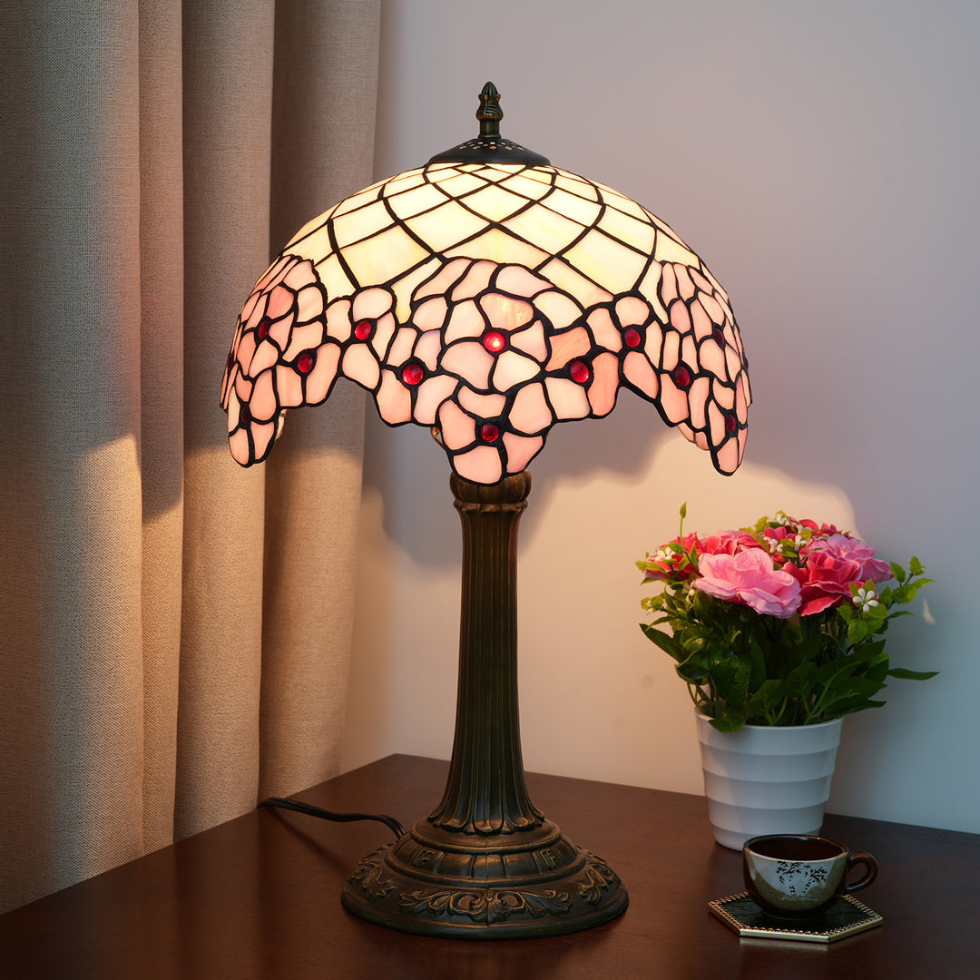 Traditional Tiffany Dome Sakura Aluminium Alloy Glass 1 Light Table Lamp For Bedside