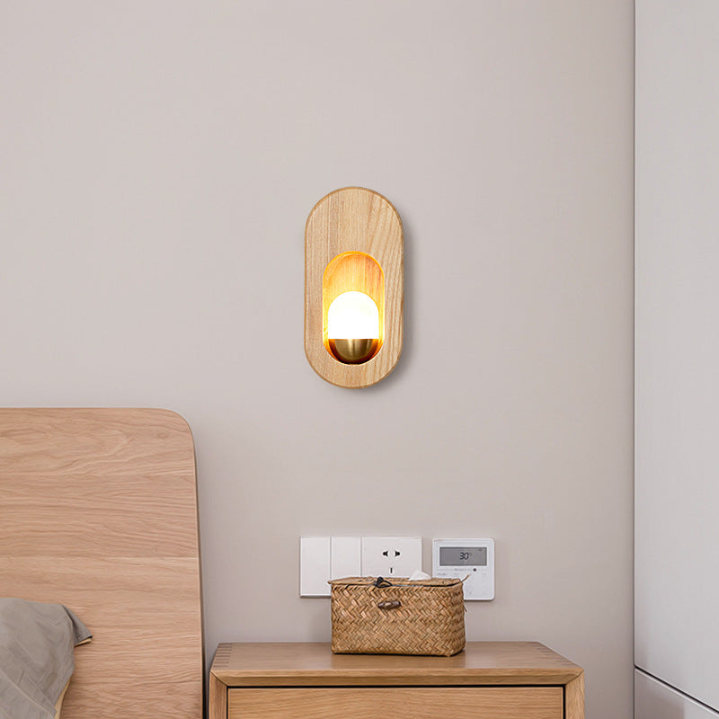 Applique murale 1 lumière en bois elliptique ultra-fin traditionnel japonais avec abat-jour en acrylique pour salon 