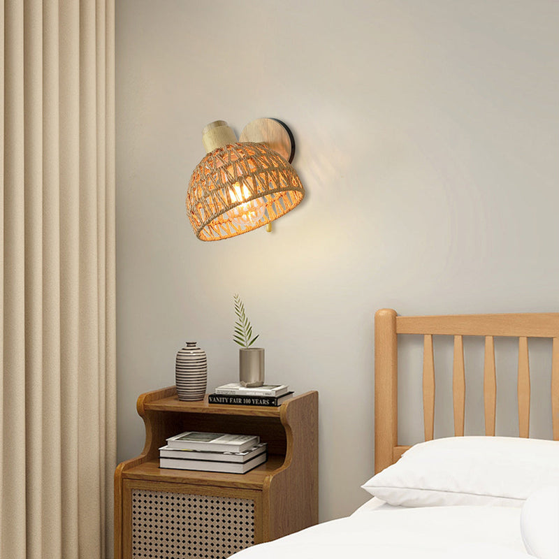 Traditionelle Bauernhaus Papier Rattan Weben Aushöhlen Kuppel 1-Licht Wand Leuchte Lampe Für Schlafzimmer 