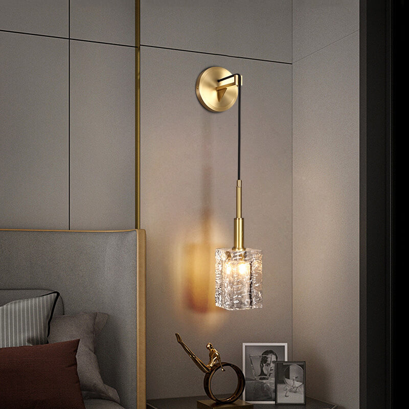 Modern Luxury Crystal Cube Copper 1-Light Wall Sconce Lamp For Living Room