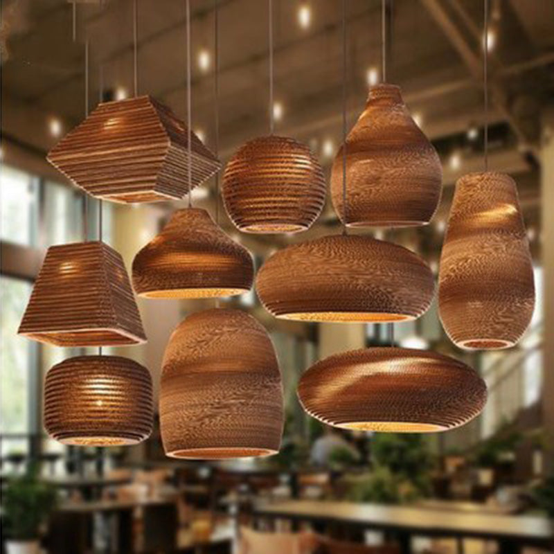 Zeitgenössische Retro Papier elliptische sphärische Glocke Trapez Halbkreis polygonale 1-Licht Pendelleuchte für Esszimmer 