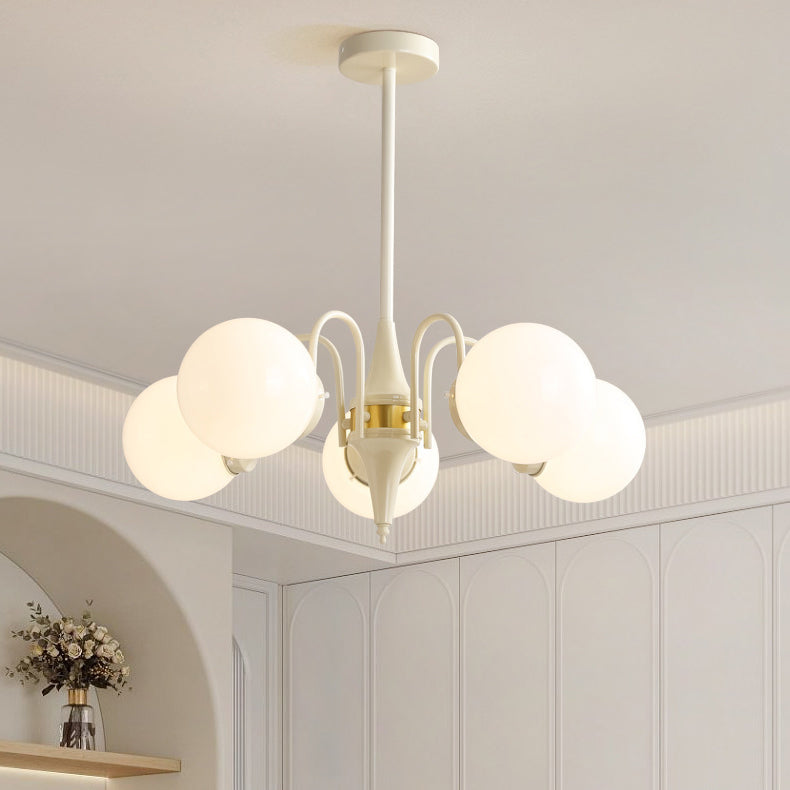 Lustre contemporain rétro à branches courbées avec tige ronde et boules en fer et verre 3/5 lumières pour salon 