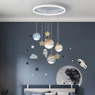 Contemporary Scandinavian Space Planet Acrylic Glass Round Shade LED Kids Flush Mount Ceiling Light For Bedroom