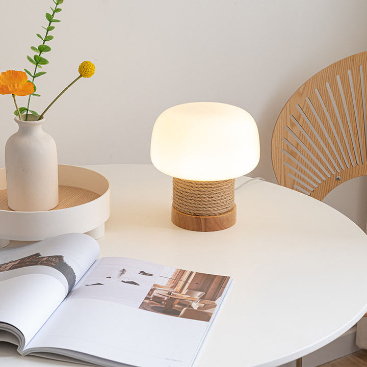 Lampe de table 1 lumière en verre avec pied en forme de cylindre minimaliste moderne et abat-jour en forme de champignon en chêne et ficelle pour chambre à coucher 