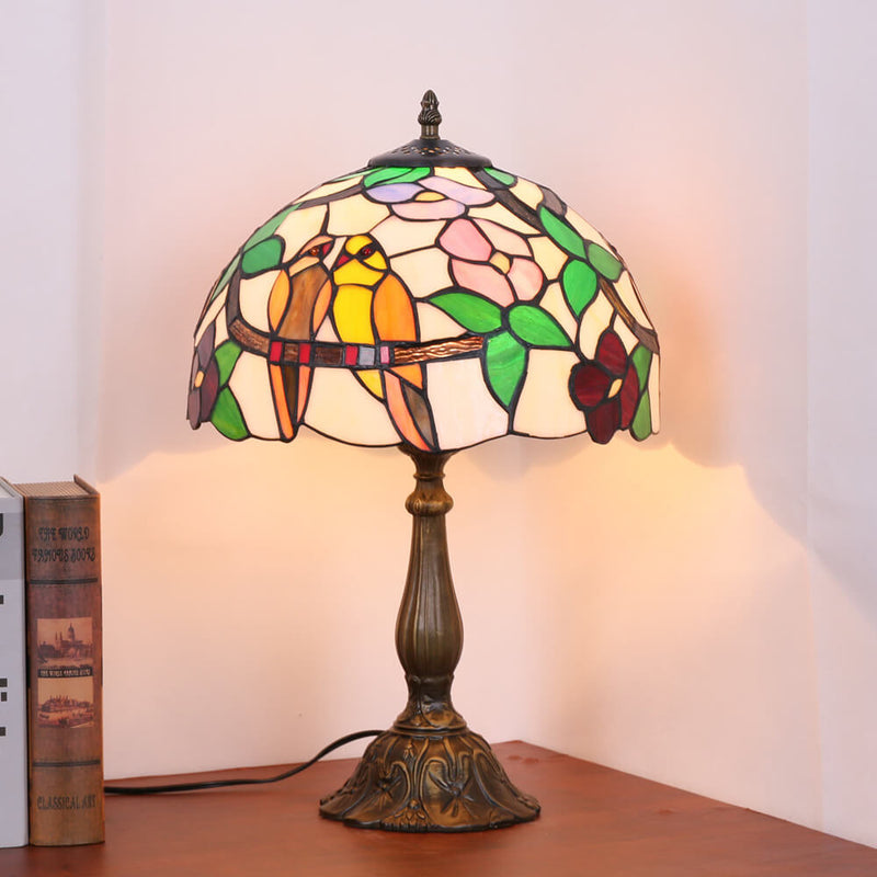 Tiffany Rustic Magpie Flower Stained Glass Round 1-Light Table Lamp