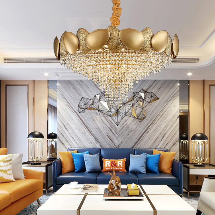 Lustre moderne de luxe en acier inoxydable avec cadre en titane et perles de cristal à 11/15 lumières pour salon 