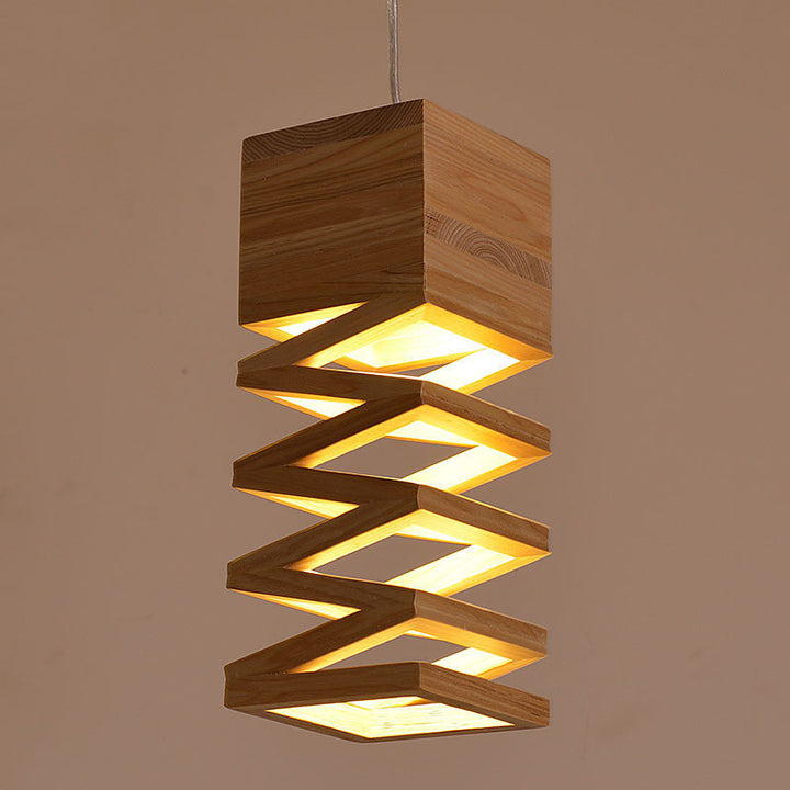 Traditional Japanese Wooden Spring Cube Shade 1-Light Pendant Light For Dining Room