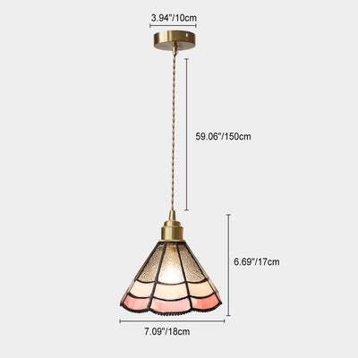 Nostalgic Pastoral Brass Pink Lace Water-Grain Glass 1-Light Pendant Light