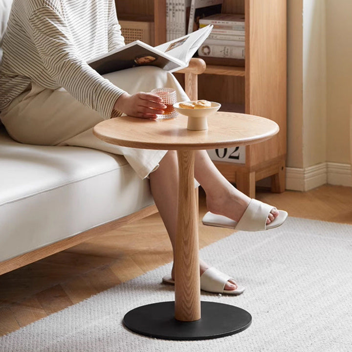 Traditional Rustic Round Oak Wood Iron Side Table For Living Room