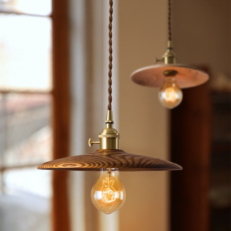 Contemporary Retro Ash Wood Copper Round Dish Irregular Grain 1-Light Pendant Light For Dining Room
