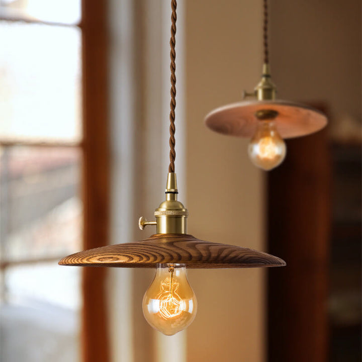 Contemporary Retro Ash Wood Copper Round Dish Irregular Grain 1-Light Pendant Light For Dining Room
