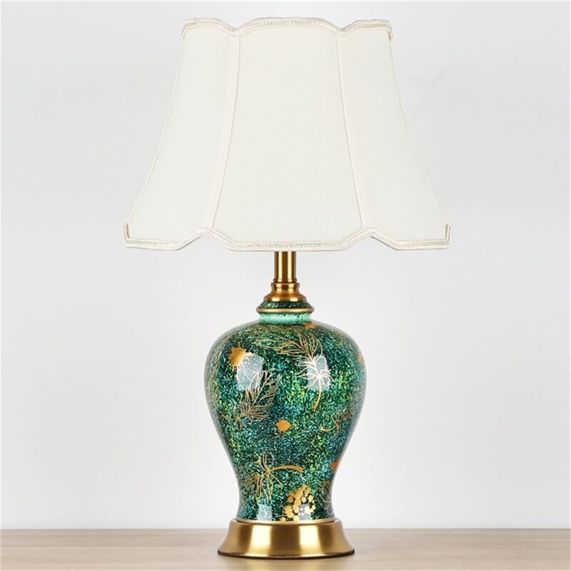 Traditional Vintage Emerald Ceramic Fabric Hardware 1-Light Table Lamp for Bedroom