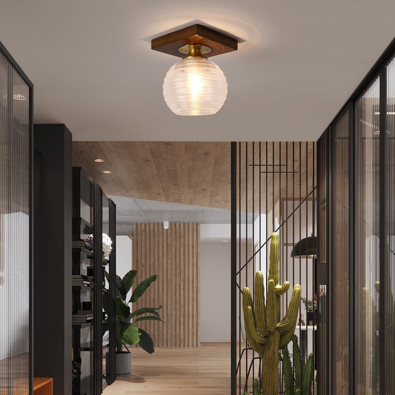 Modern Transitional Glass Cup Shape Solid Wood 1-Light Semi-Flush Mount Ceiling Light For Living Room