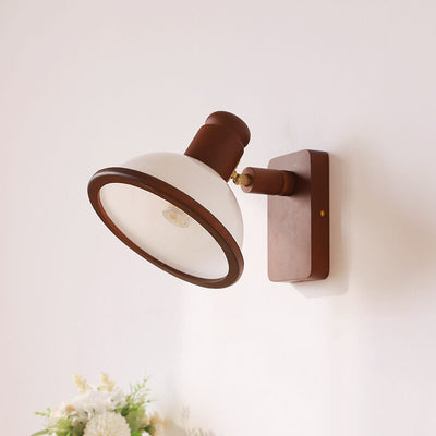 Chinese Vintage Walnut Wood Adjustable Swing Arm Dome 1-Light Wall Sconce Lamp