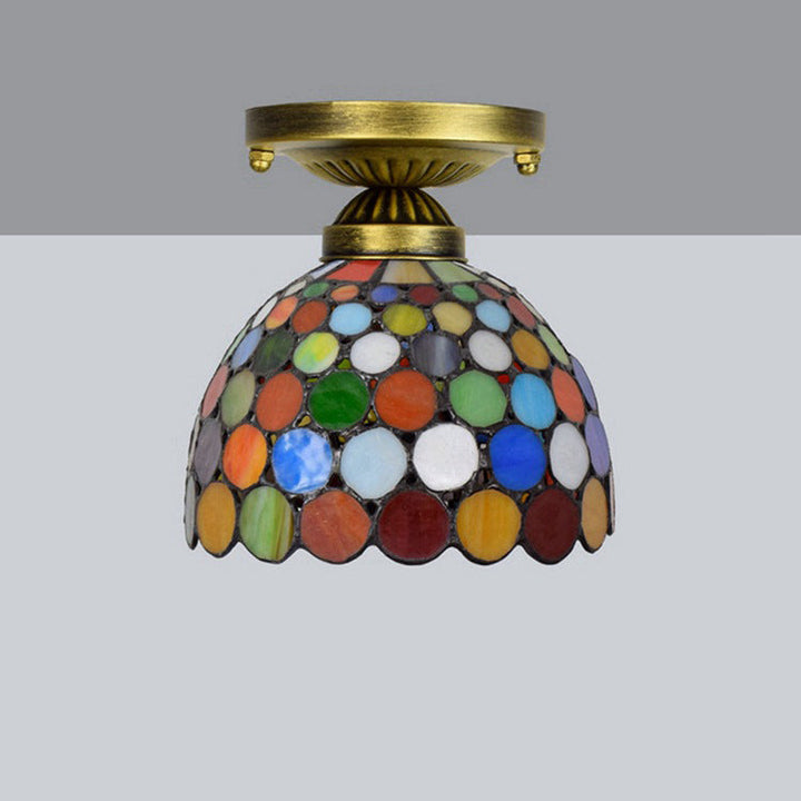 Traditionelle Tiffany-Deckenleuchte, rund, gepunktet, konisch, Eisen, Buntglas, 1-flammig, halbbündige Montage, für Wohnzimmer 