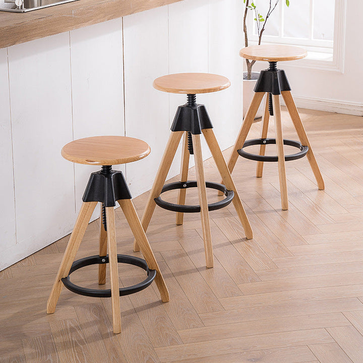Traditioneller Vintage-Thekenhocker aus Gummibaumholz, rund, mit höhenverstellbarer Nylon-Gewindestange, drehbar, mit Fußstütze, für die Küche 