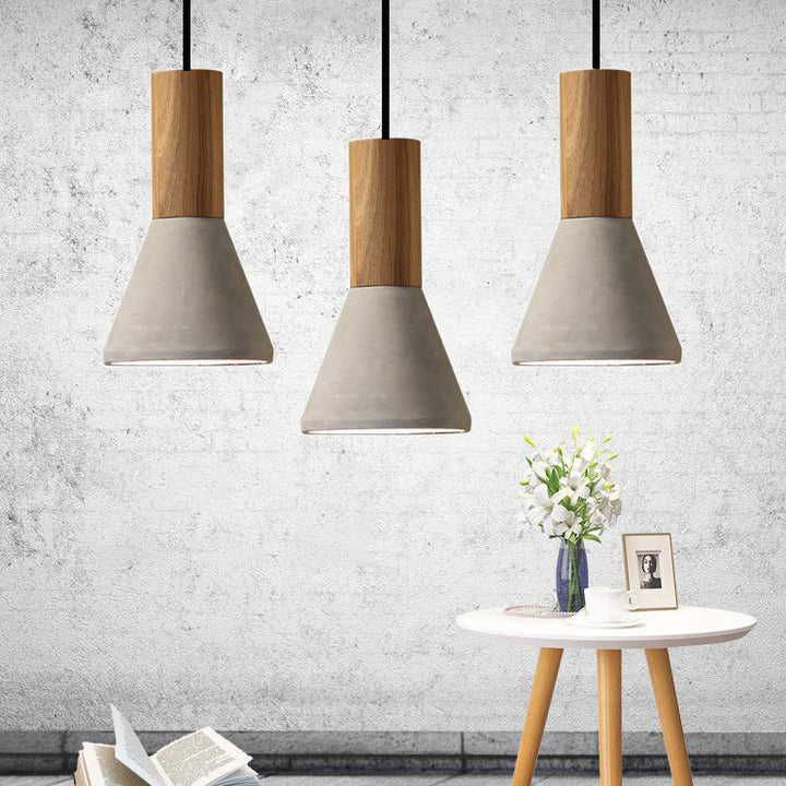 Zeitgenössische industrielle runde Kegel-Dreieck-Zement-Gummi-Holz 1-Licht-Pendelleuchte für das Wohnzimmer 